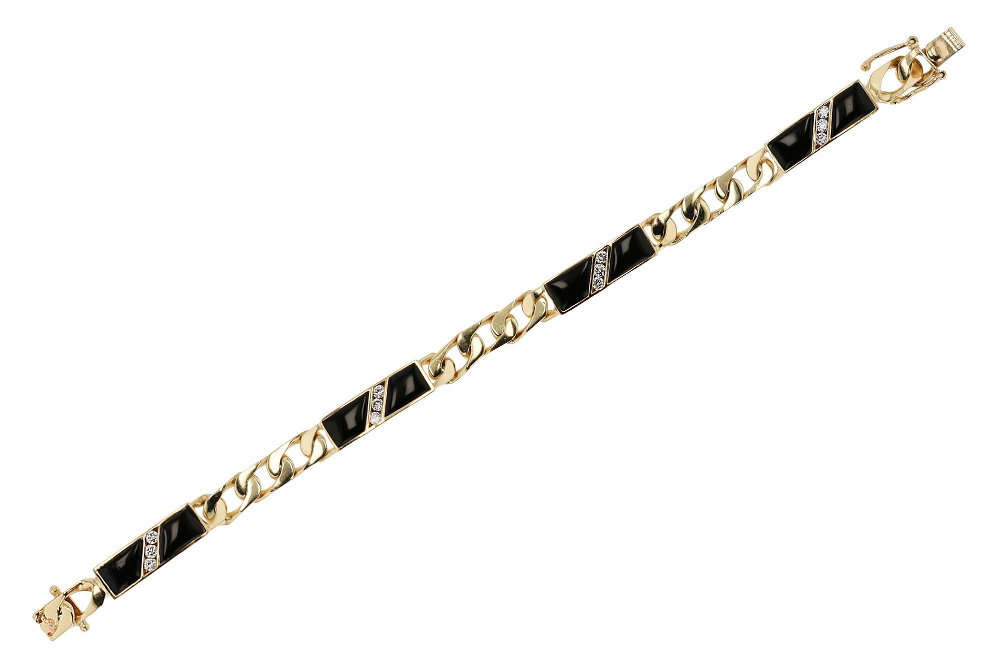 Ladies 1980s 14k Italian Gold Onyx & Diamond Cuban Link Bracelet For Sale
