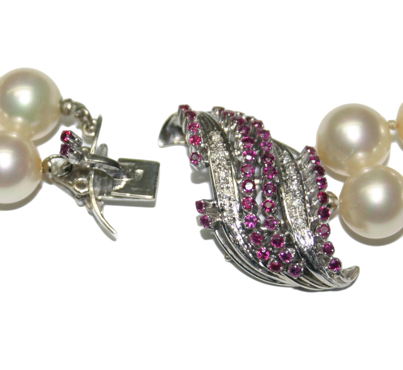 Mixed Cut Ladies Faux Double Pearl Strand with 18 Karat White Gold Diamond and Ruby Clasps For Sale