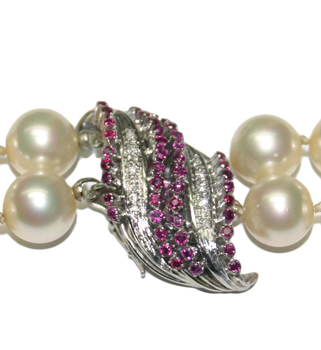 Ladies Faux Double Pearl Strand with 18 Karat White Gold Diamond and Ruby Clasps In Good Condition For Sale In Laguna Beach, CA