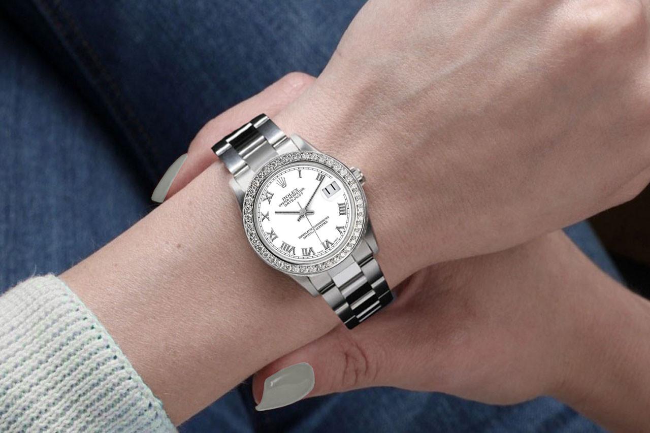 Round Cut Ladies Rolex Datejust Diamond Bezel White Roman Dial Oyster Band Watch For Sale