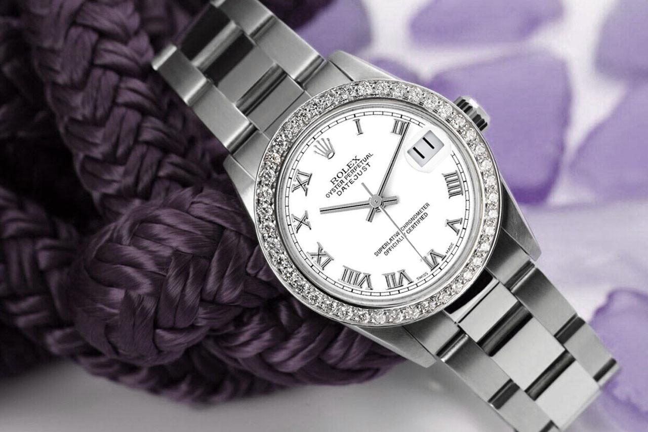 Women's Ladies Rolex Datejust Diamond Bezel White Roman Dial Oyster Band Watch For Sale