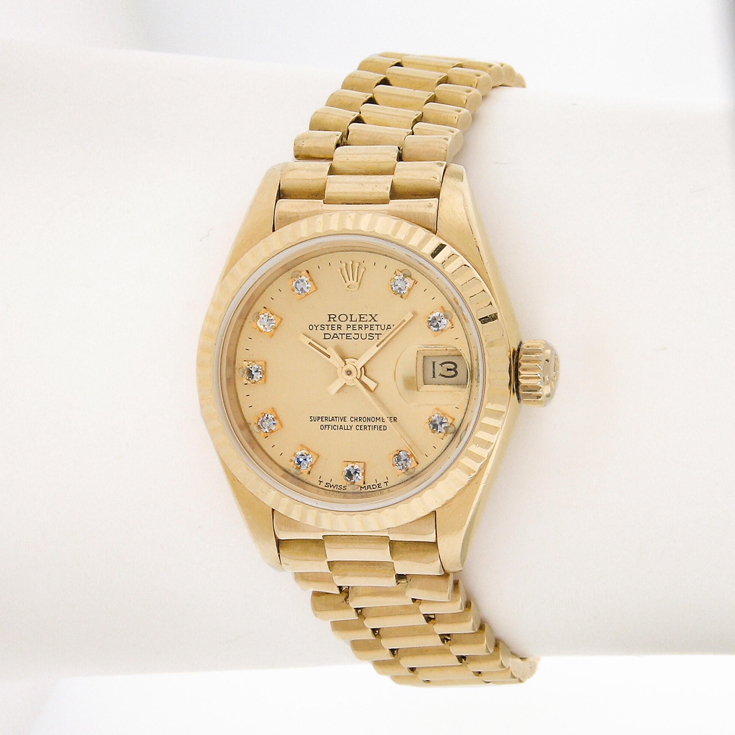 This bold vintage ladies Rolex Date-just is from 1990 and reference 69178. The automatic self-winding movement runs smoothly and keeps accurate time. The watch remains in excellent overall condition despite some light visible scratches that consist
