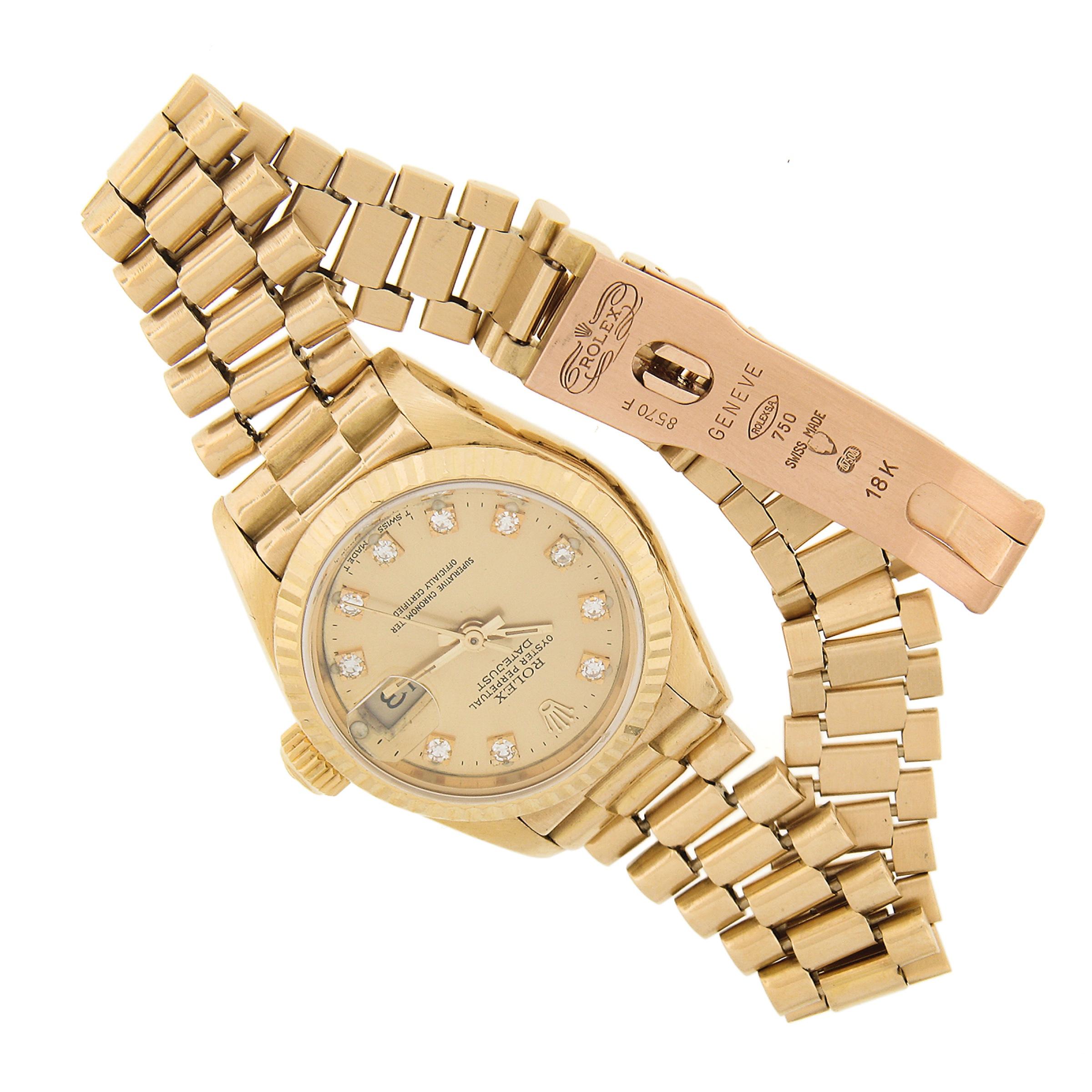 Ladies 90s 18k Gold Diamond Rolex Datejust 26mm Jubilee Bracelet Watch Ref 69178 In Good Condition In Montclair, NJ