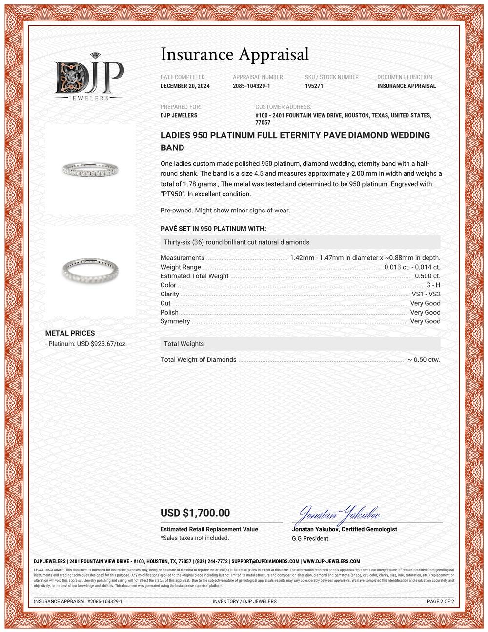 Ladies 950 Platinum Full Eternity Pave Diamond Wedding Band For Sale 2