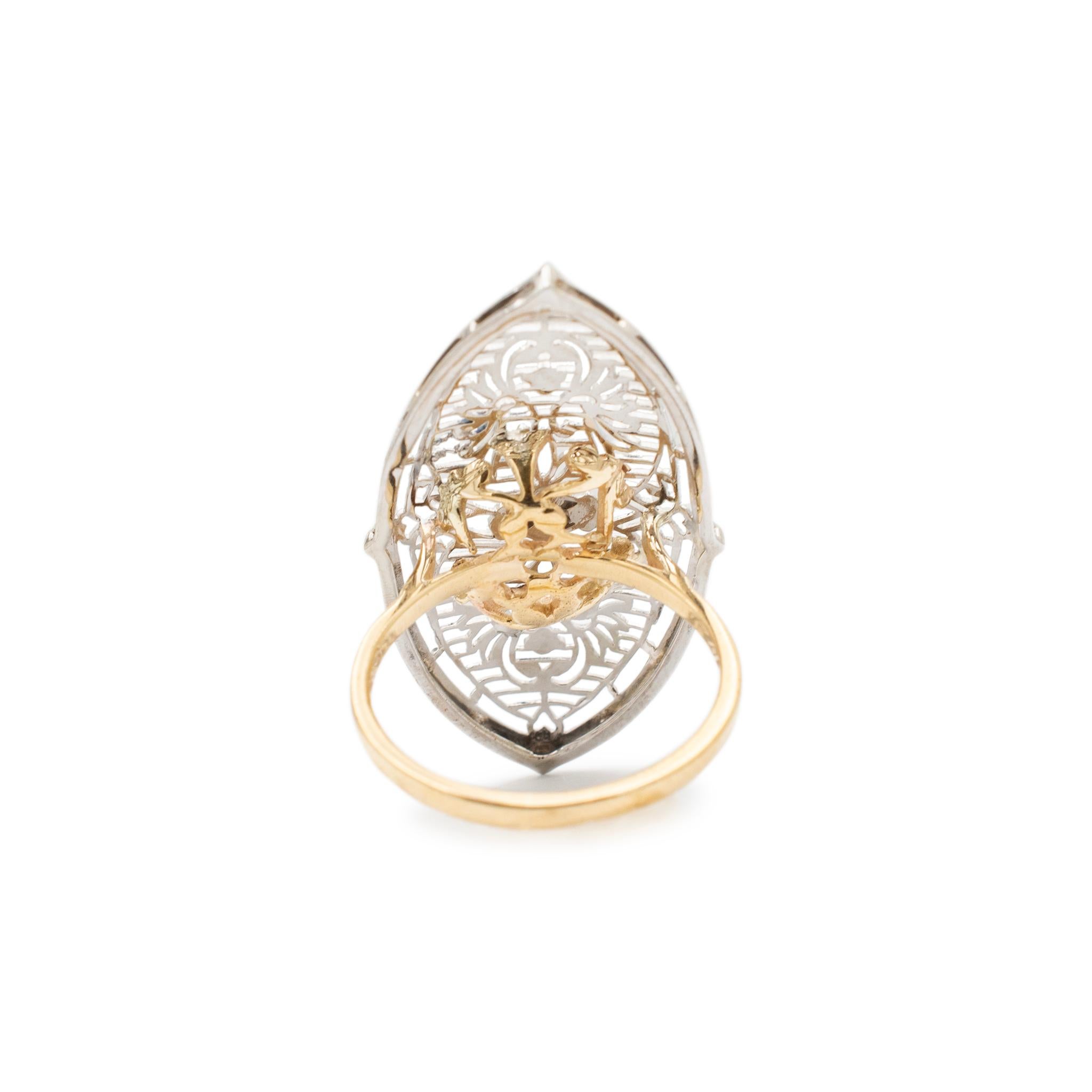 Women's Ladies Antique 9K & 10K Yellow & White Gold Filigreed Diamond Cocktail Ring For Sale