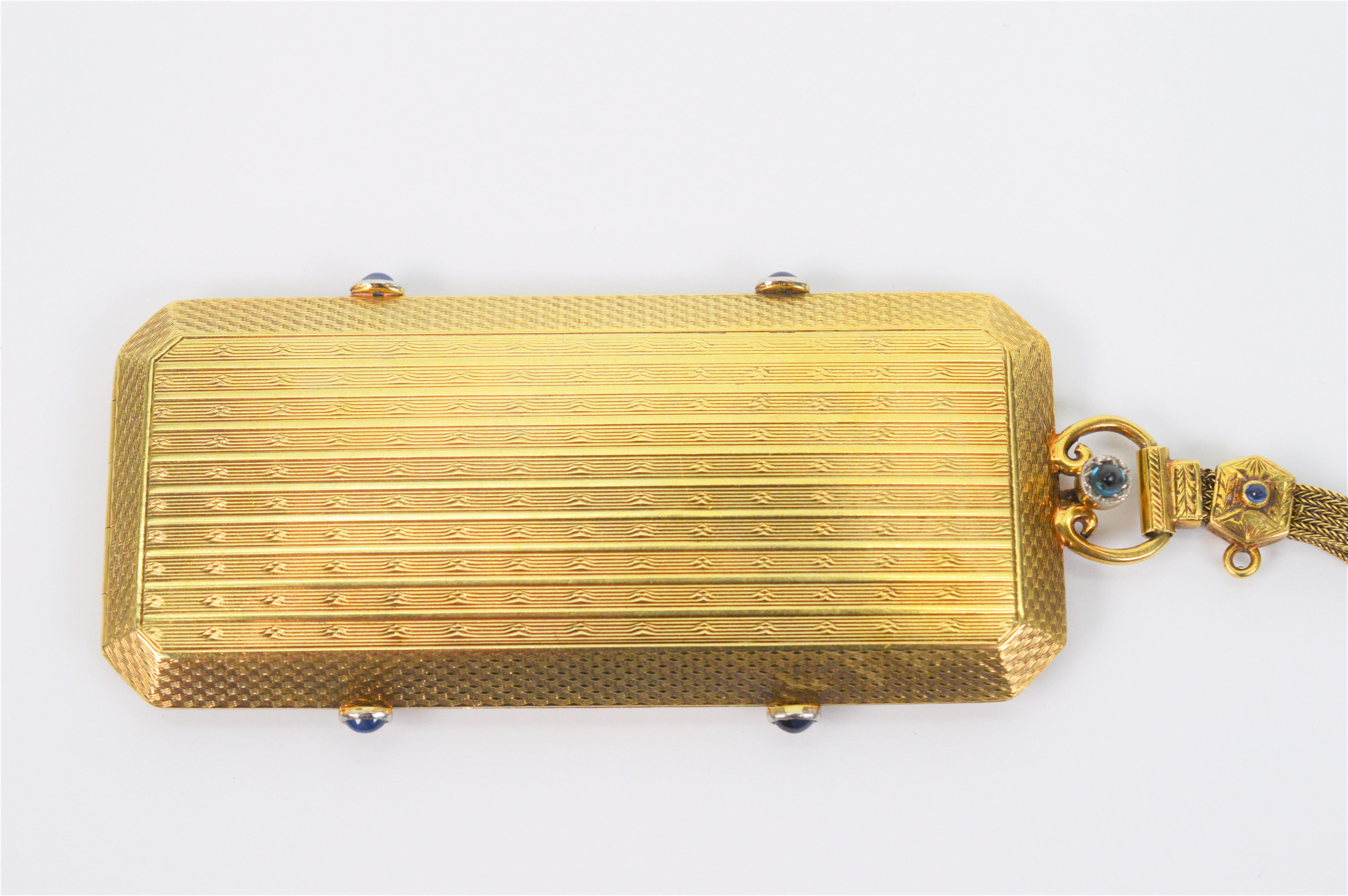 Ladies Antique 14 Karat Yellow Gold Mirror Compact Wristlet w Sapphire Accents For Sale 2