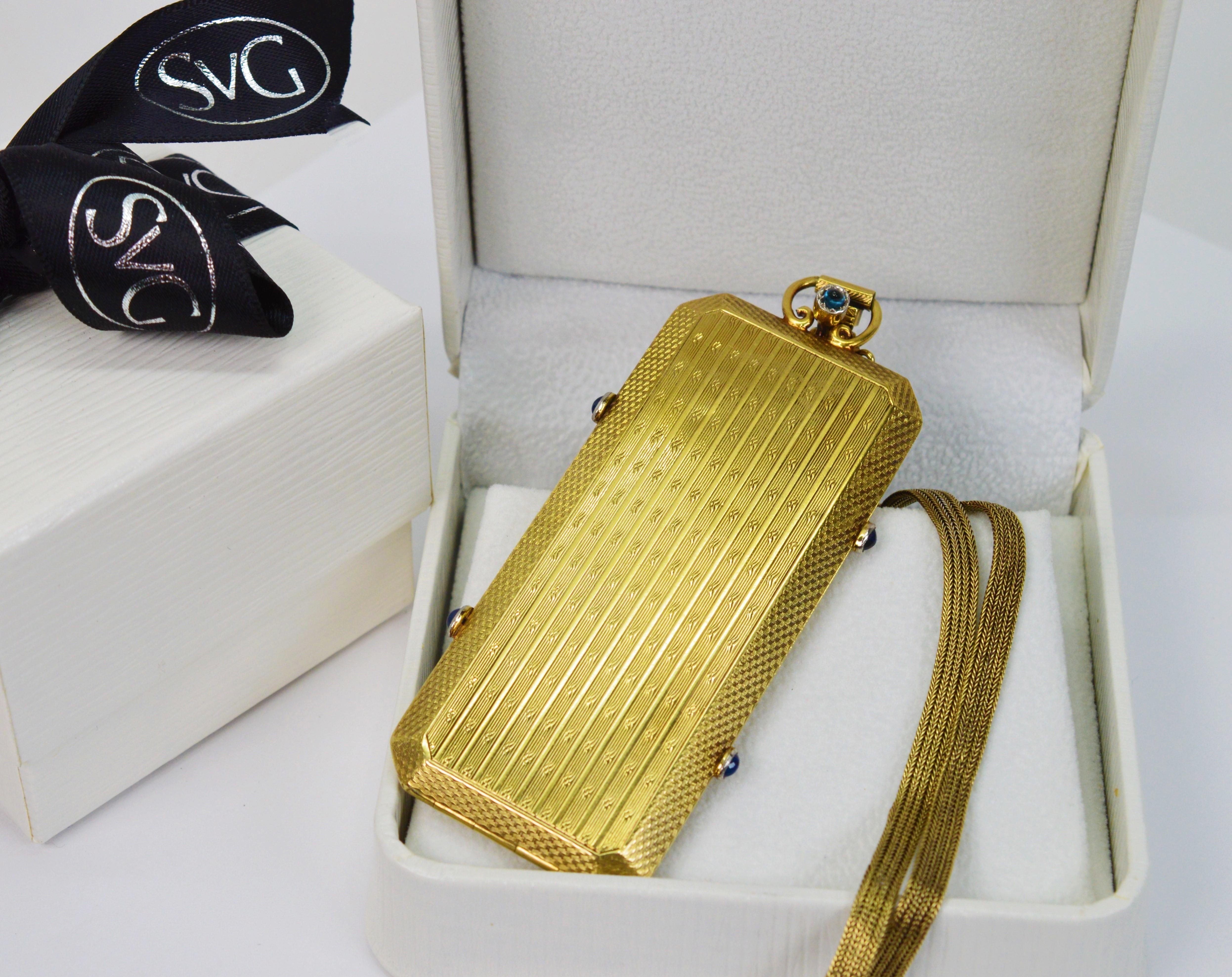 Ladies Antique 14 Karat Yellow Gold Mirror Compact Wristlet w Sapphire Accents For Sale 3