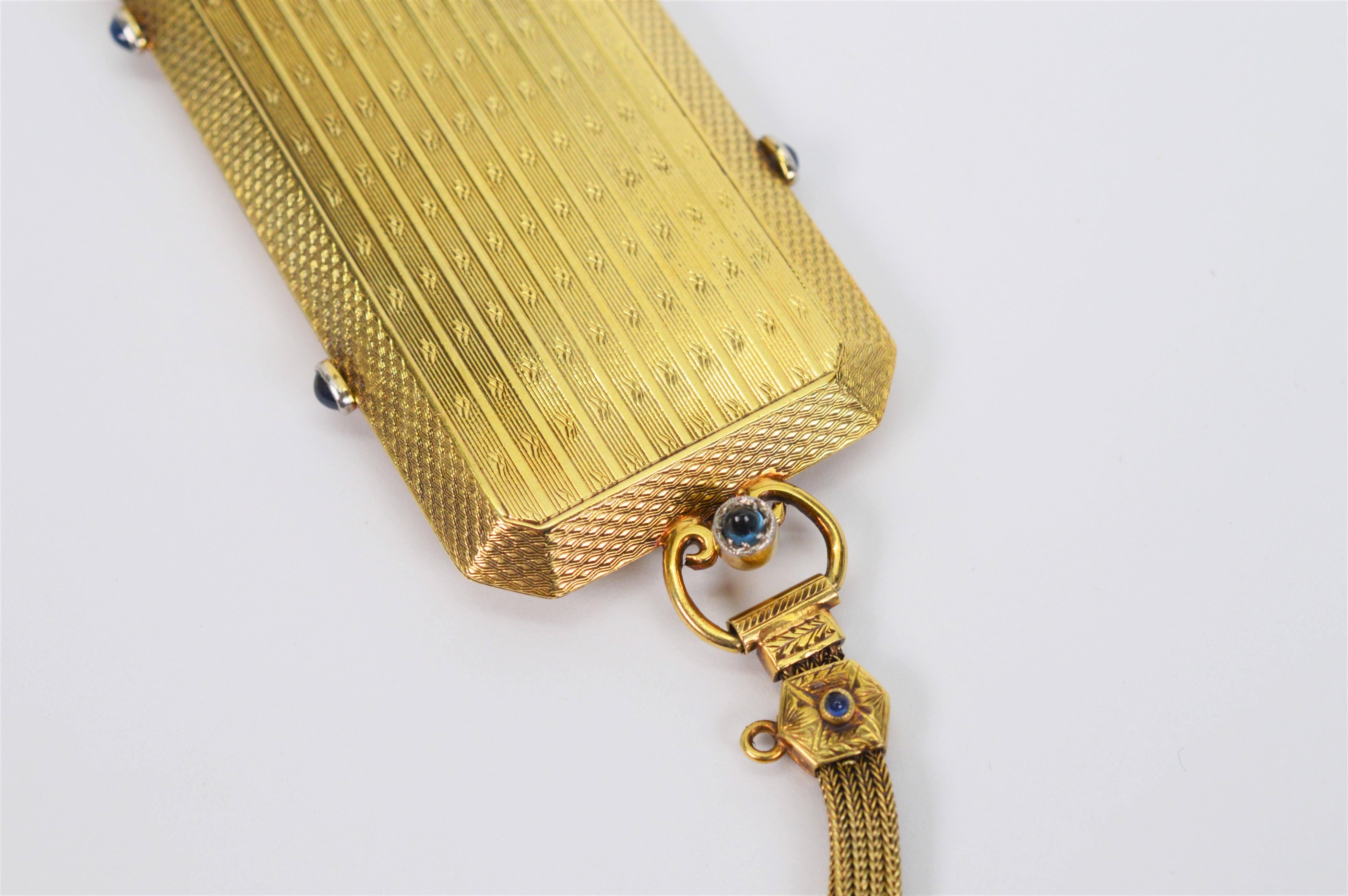 Cabochon Ladies Antique 14 Karat Yellow Gold Mirror Compact Wristlet w Sapphire Accents For Sale