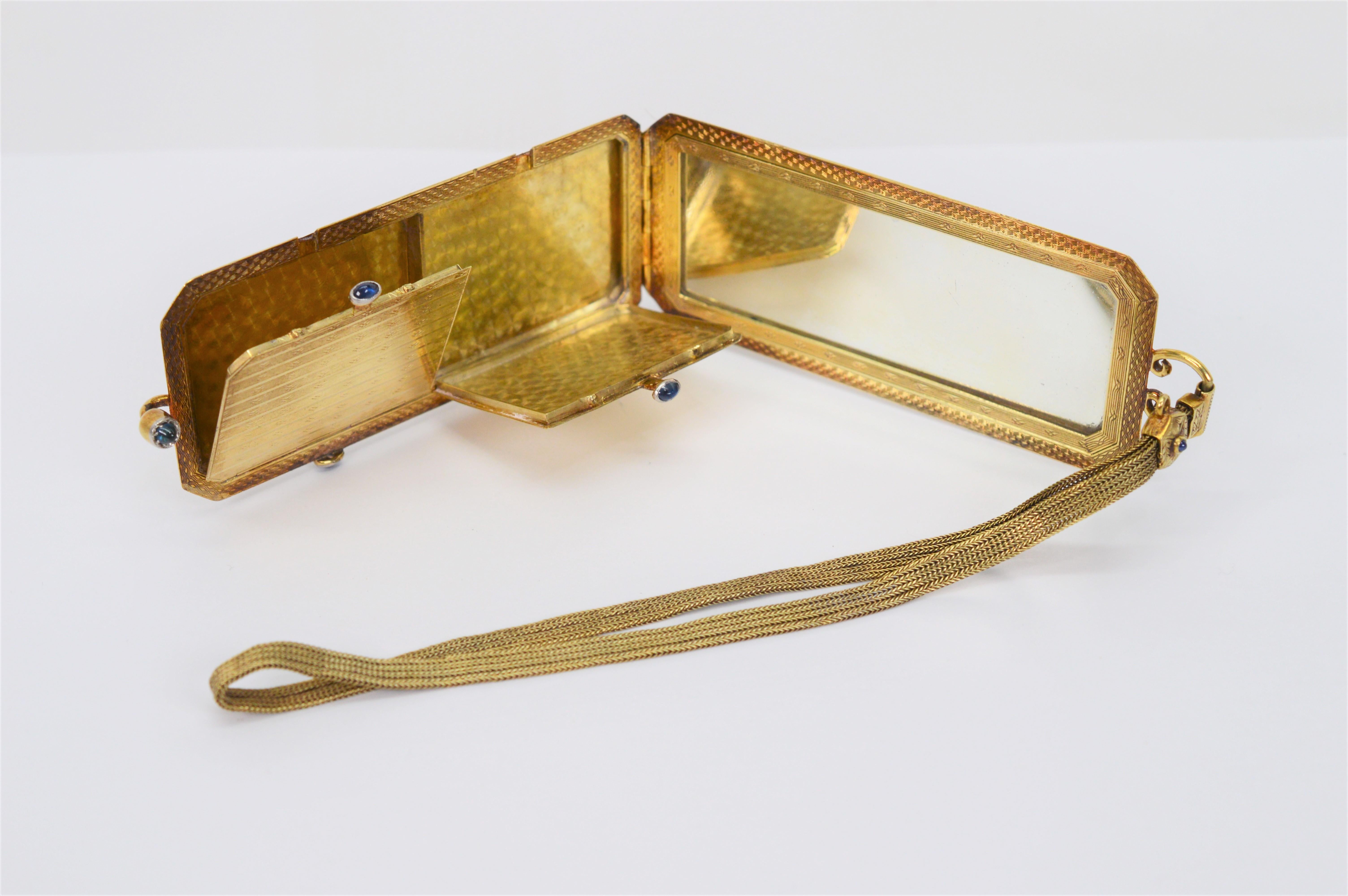 Women's Ladies Antique 14 Karat Yellow Gold Mirror Compact Wristlet w Sapphire Accents For Sale