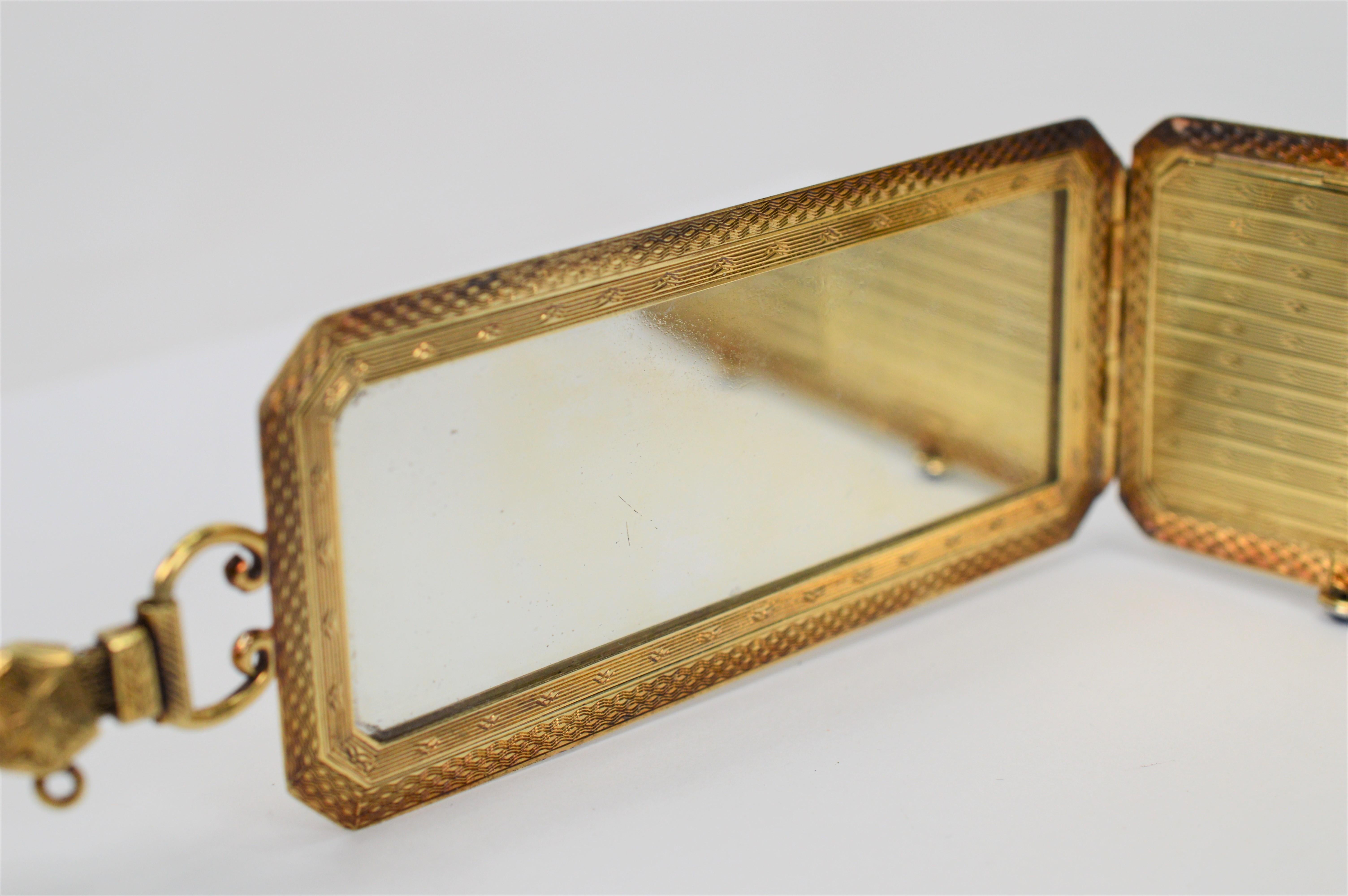 Ladies Antique 14 Karat Yellow Gold Mirror Compact Wristlet w Sapphire Accents For Sale 1