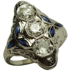 Ladies Antique 18 Karat White Gold Art Deco Diamond Ring Blue Spinel Flower