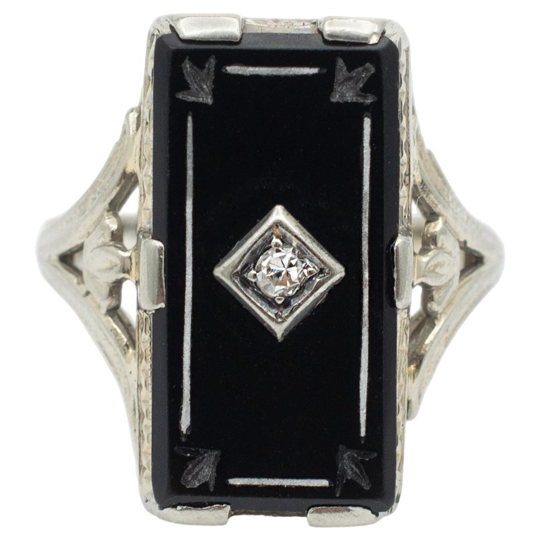 Ladies Antique 18K White Gold Black Onyx Diamond Cocktail Ring For Sale