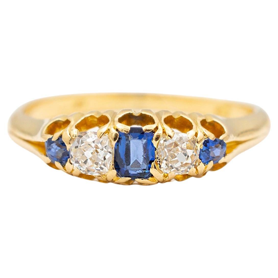 Ladies Antique 18K Yellow Gold Old European Diamond Sapphire Cocktail Ring For Sale