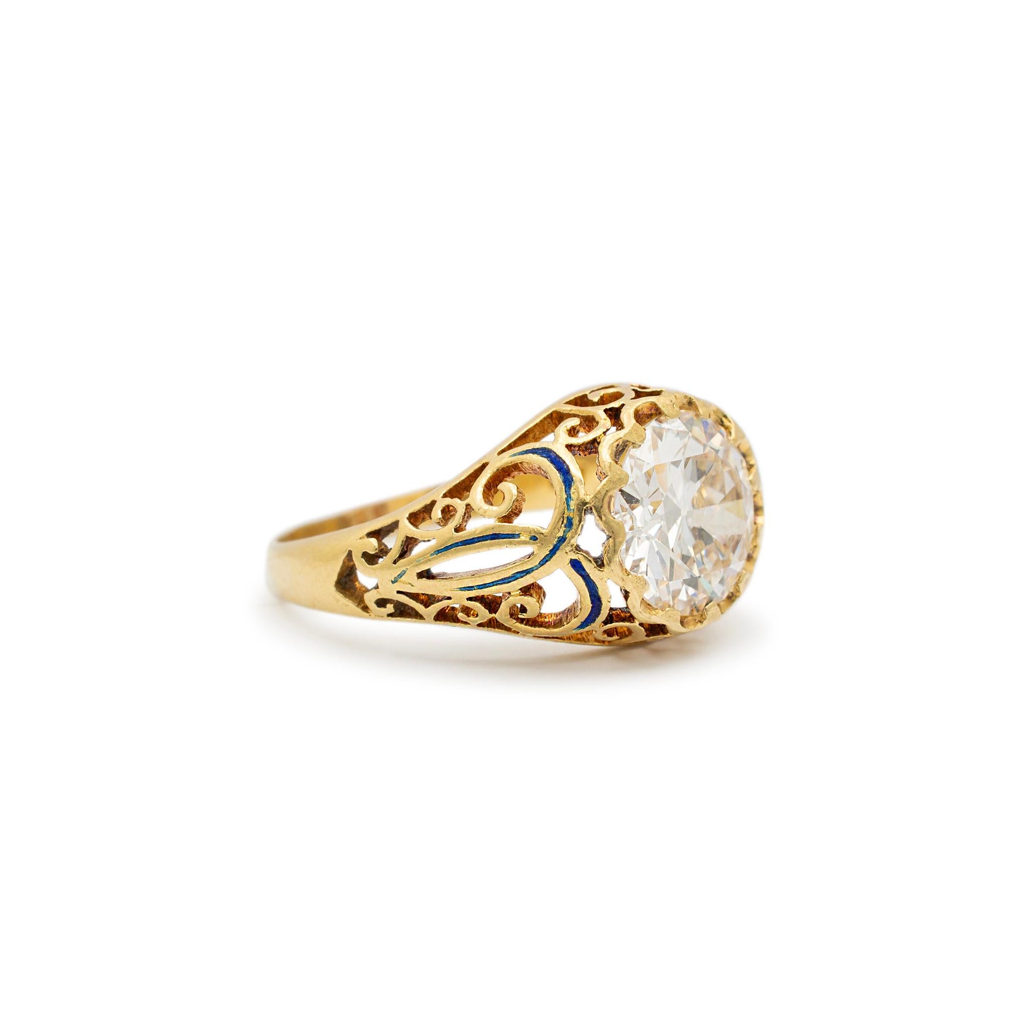 Old European Cut Ladies Antique 18K Yellow Gold GIA Old European Filigreed Enamel Engagement Ring For Sale