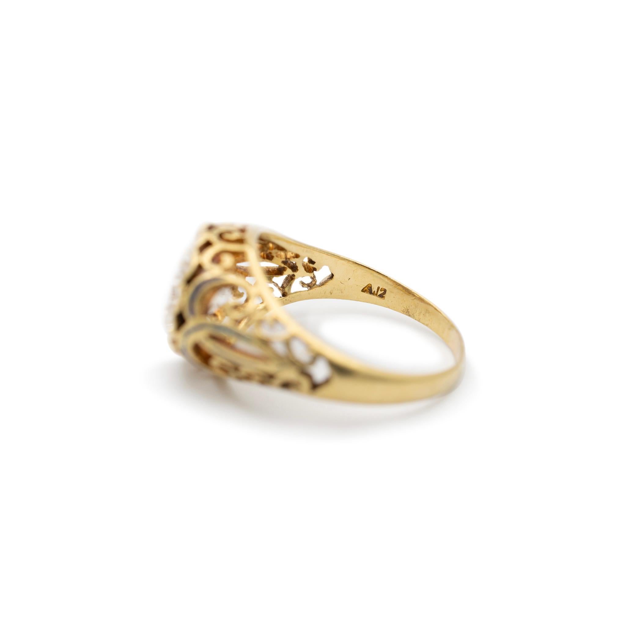 Ladies Antique 18K Yellow Gold GIA Old European Filigreed Enamel Engagement Ring For Sale 1