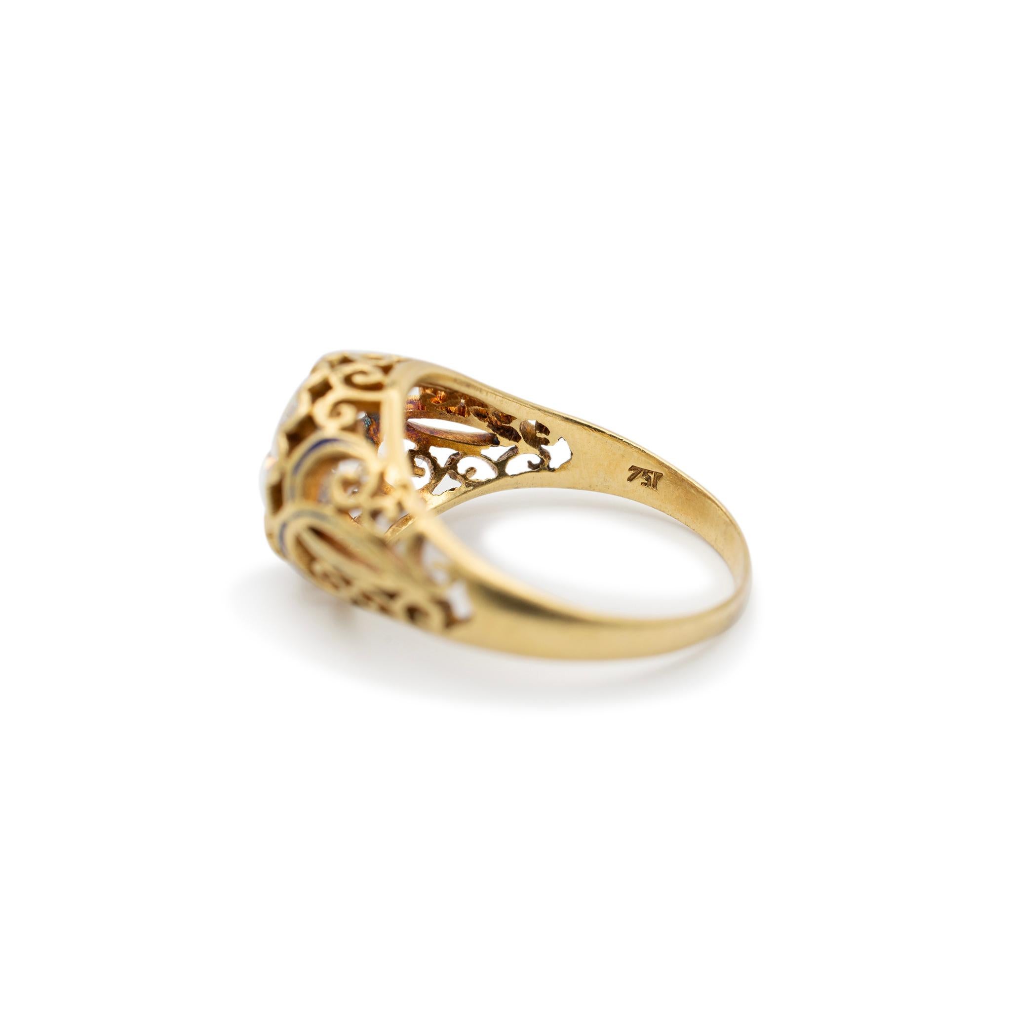 Ladies Antique 18K Yellow Gold GIA Old European Filigreed Enamel Engagement Ring For Sale 2