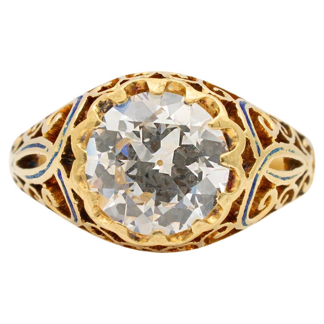 Ladies Antique 18K Yellow Gold GIA Old European Filigreed Enamel Engagement Ring For Sale
