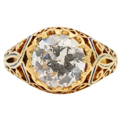 Ladies Antique 18K Yellow Gold GIA Old European Filigreed Enamel Engagement Ring