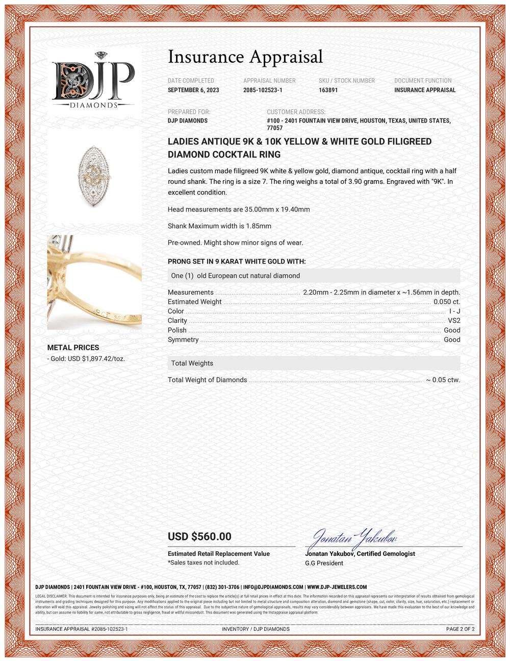 Antiker 9K & 10K Gelb- & Weißgold filigraner Diamant-Cocktailring für Damen im Angebot 4
