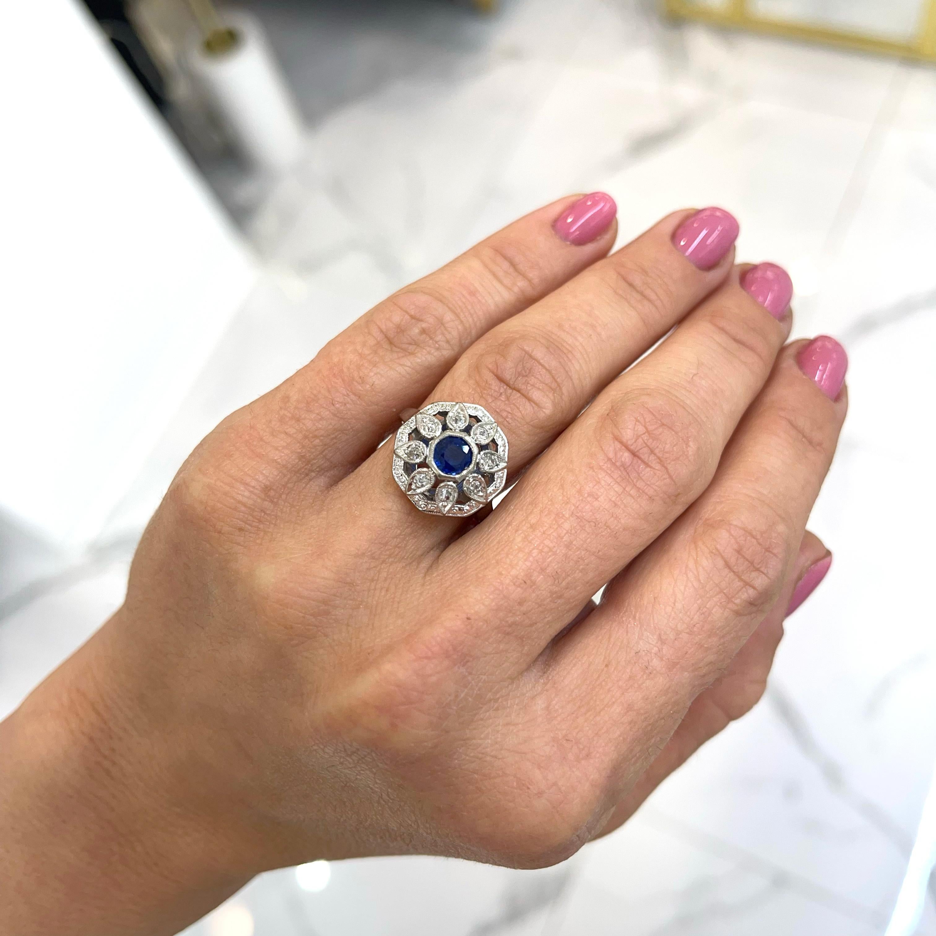 Women's Ladies Antique Art Deco 14k White Gold Sapphire Halo Diamond Cocktail Ring For Sale