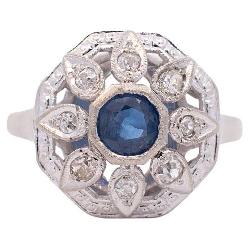 Ladies Antique Art Deco 14k White Gold Sapphire Halo Diamond Cocktail Ring For Sale
