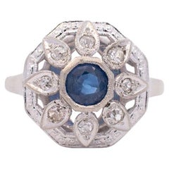 Ladies Vintage Art Deco 14k White Gold Sapphire Halo Diamond Cocktail Ring