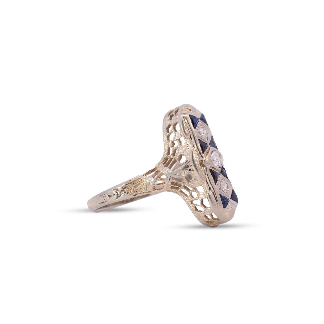 Round Cut Ladies Antique Art Deco 14 Karat White Gold Sapphires Diamond Ring For Sale