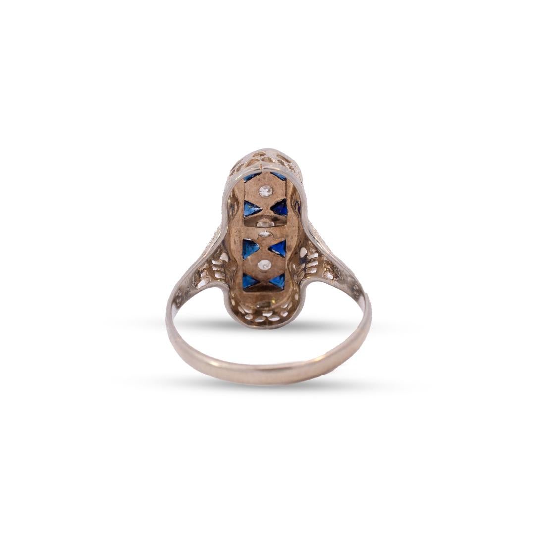 Women's Ladies Antique Art Deco 14 Karat White Gold Sapphires Diamond Ring For Sale