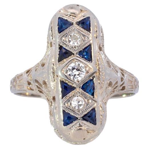 Ladies Antique Art Deco 14 Karat White Gold Sapphires Diamond Ring