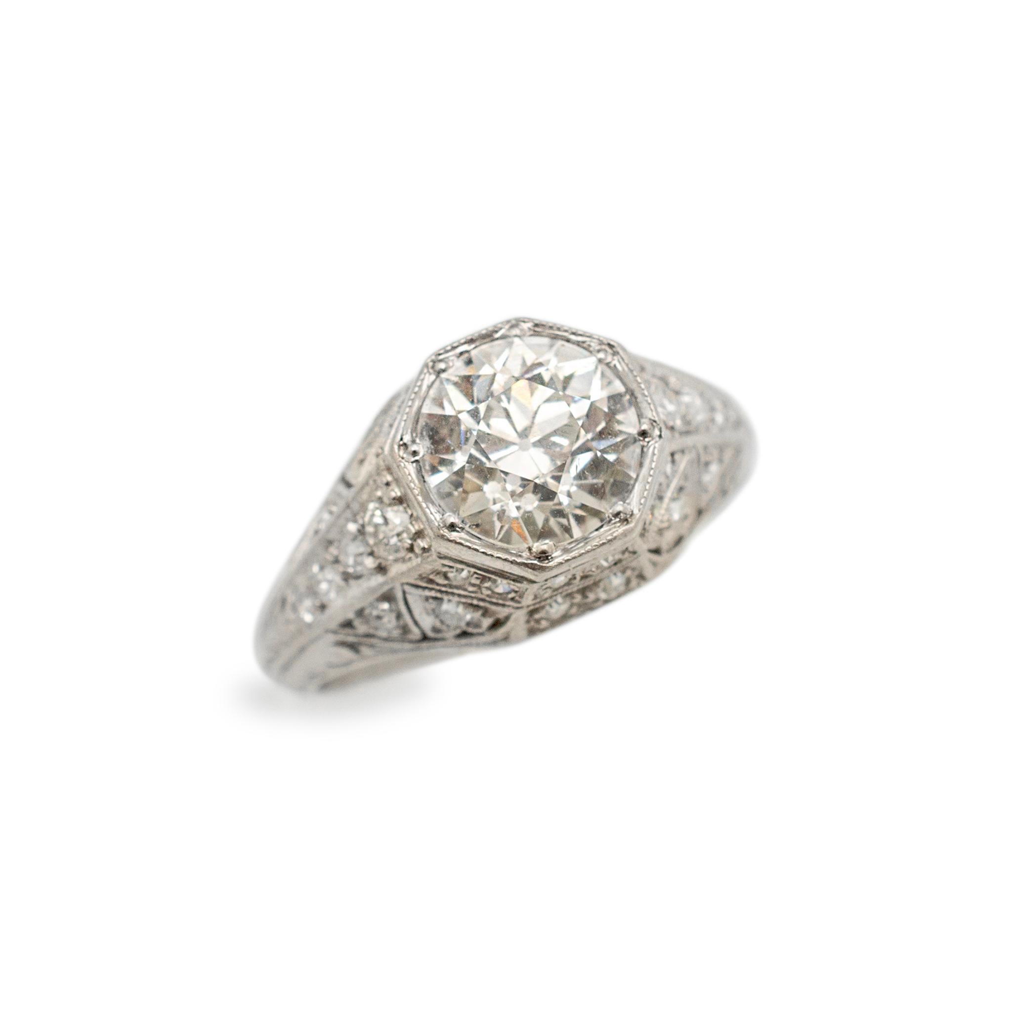 Gender: Ladies

Metal Type: Platinum

Size: 6

Shank Maximum Width: 10.20 mm tapering to 1.65 mm

Weight: 5.13 grams

Ladies filigreed 900 platinum diamond engagement antique art-deco ring with a half round shank.

Pre-owned in excellent condition.