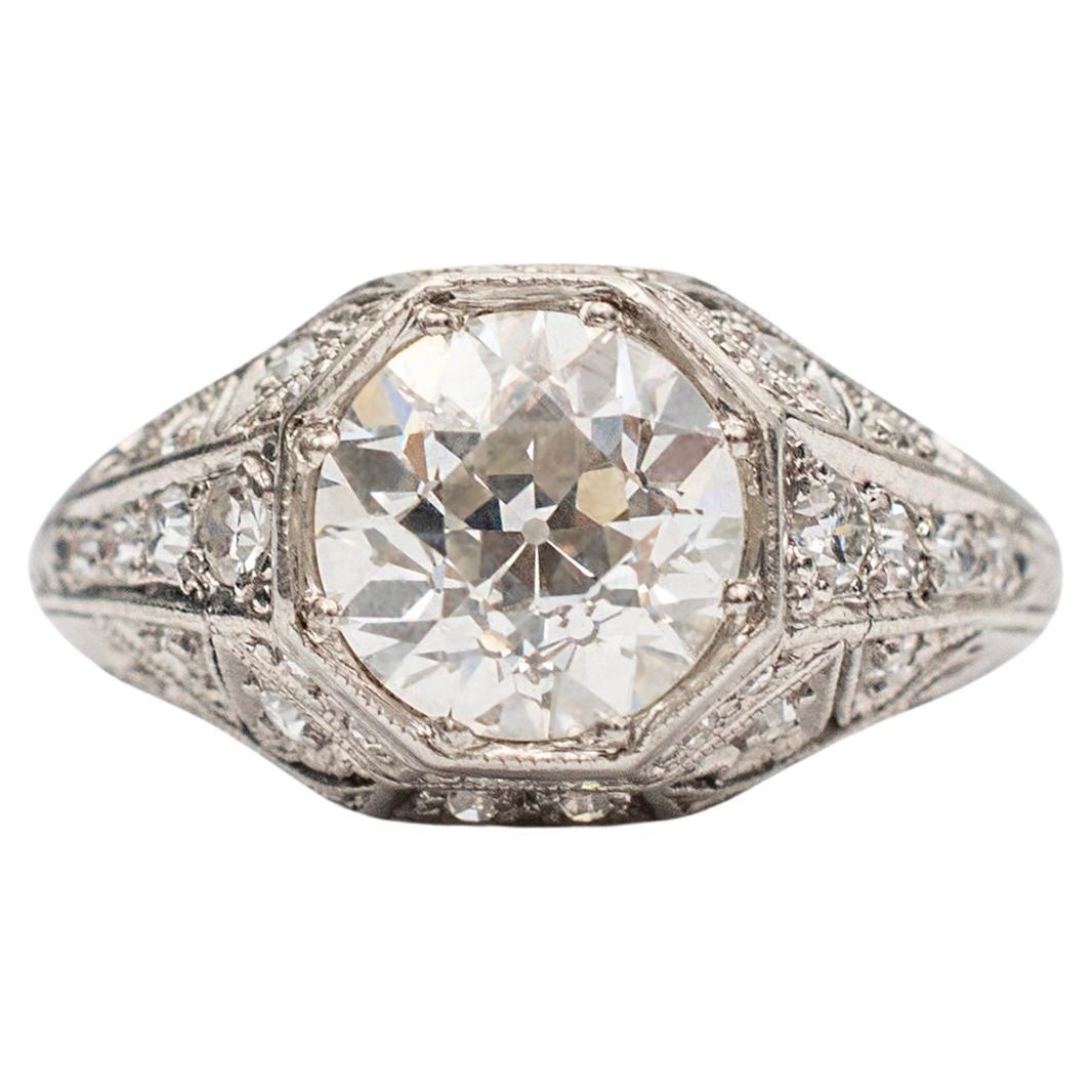 Ladies Antique Art Deco 1.71CT Gia Filigreed Diamond Engagement Ring For Sale
