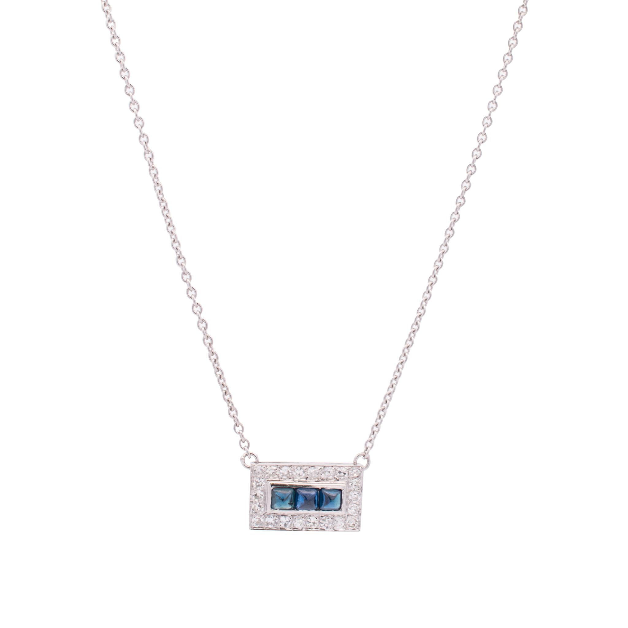 Gender: Ladies

Metal Type: 18K White Gold

Chain Length: 16.00 inches

Chain Width: 1.30mm

Pendant Width: 13.75mm

Weight: 4.32 grams

Ladies 18K white gold single strand choker diamond and sapphire necklace. Engraved with 