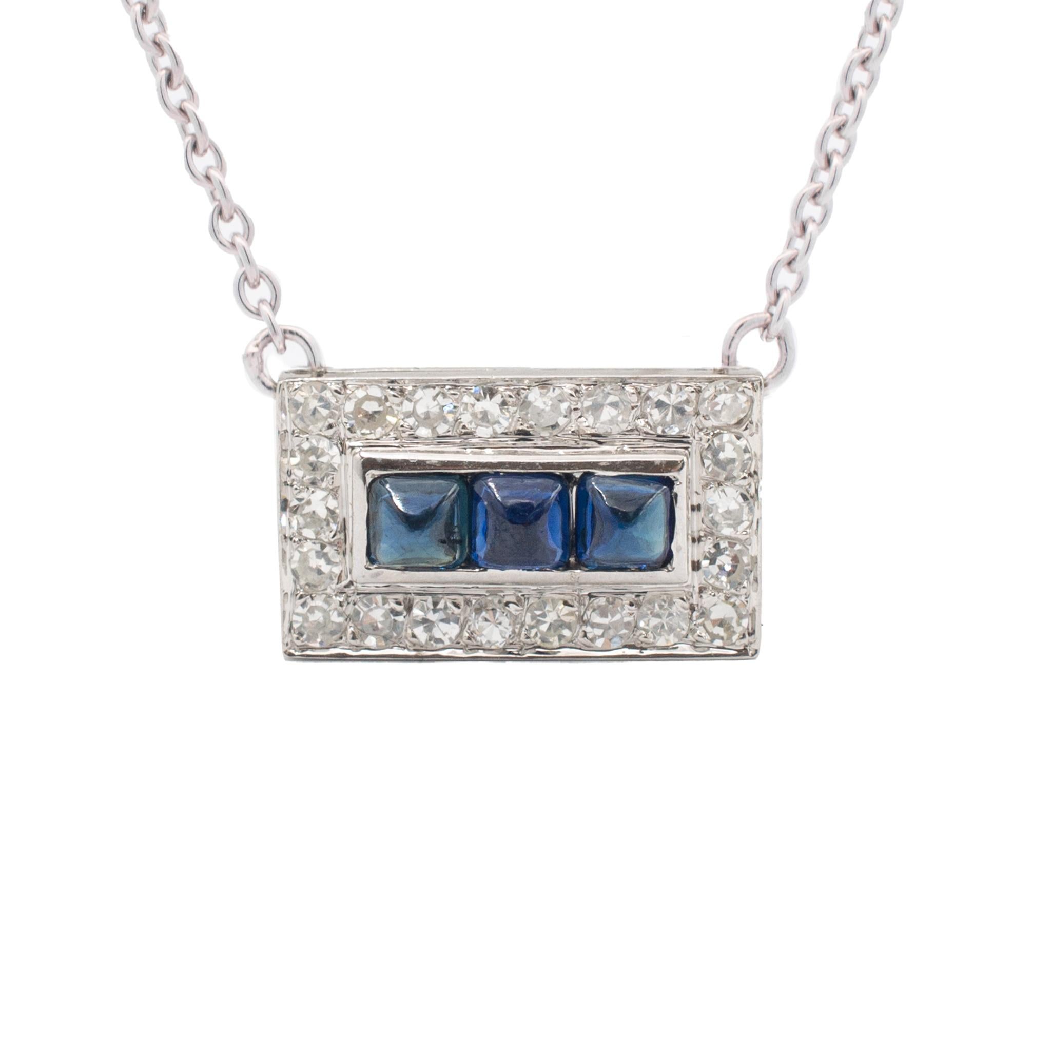 Square Cut Ladies Antique Art Deco 18k White Gold Sapphire Diamond Cocktail Necklace For Sale