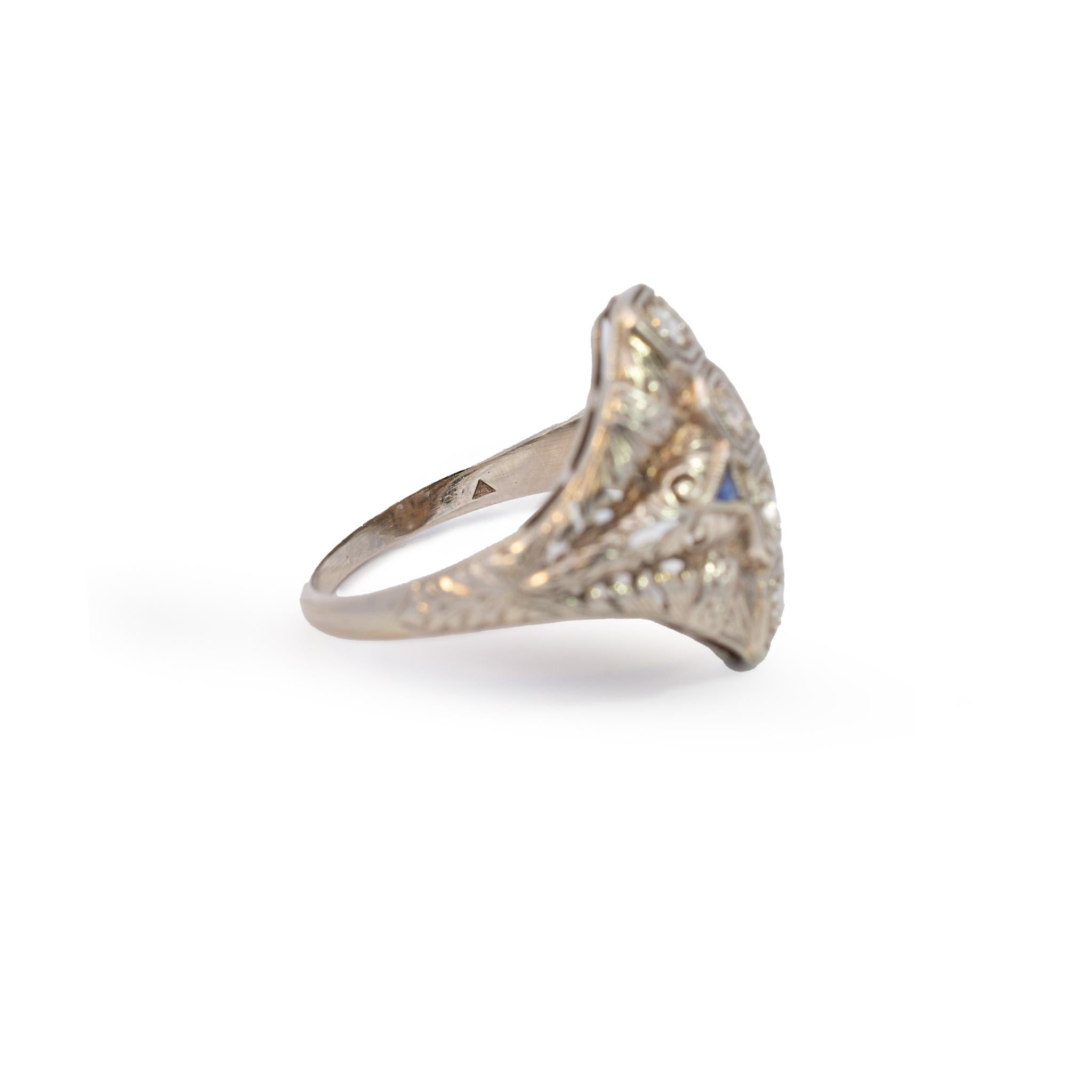 Ladies Antique Art Deco 18k White Gold Sapphires Diamond Ring For Sale 1