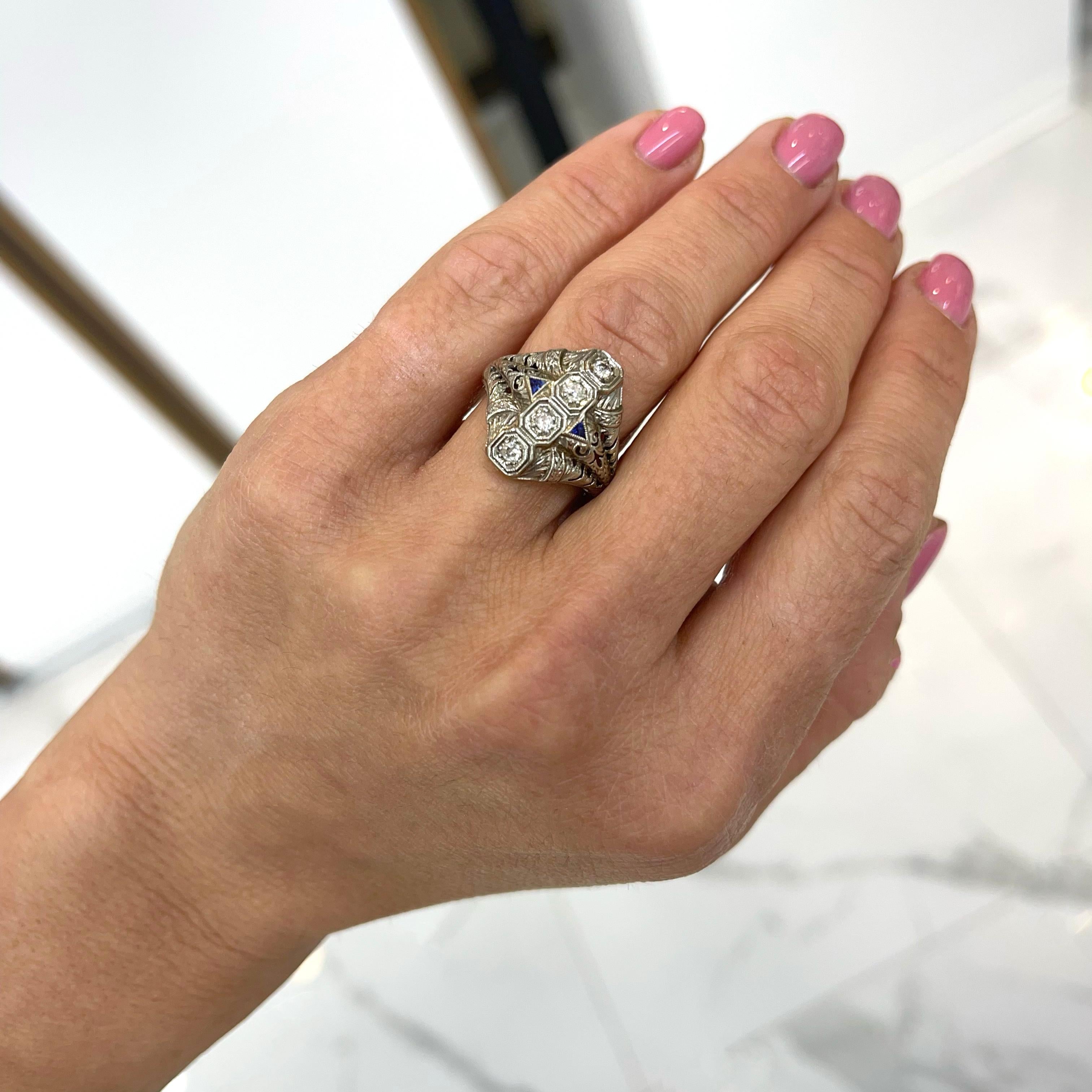 Ladies Antique Art Deco 18k White Gold Sapphires Diamond Ring For Sale 2