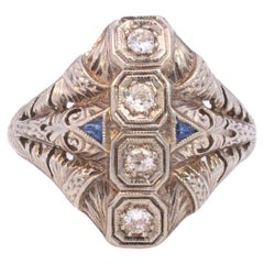 Ladies Antique Art Deco 18k White Gold Sapphires Diamond Ring