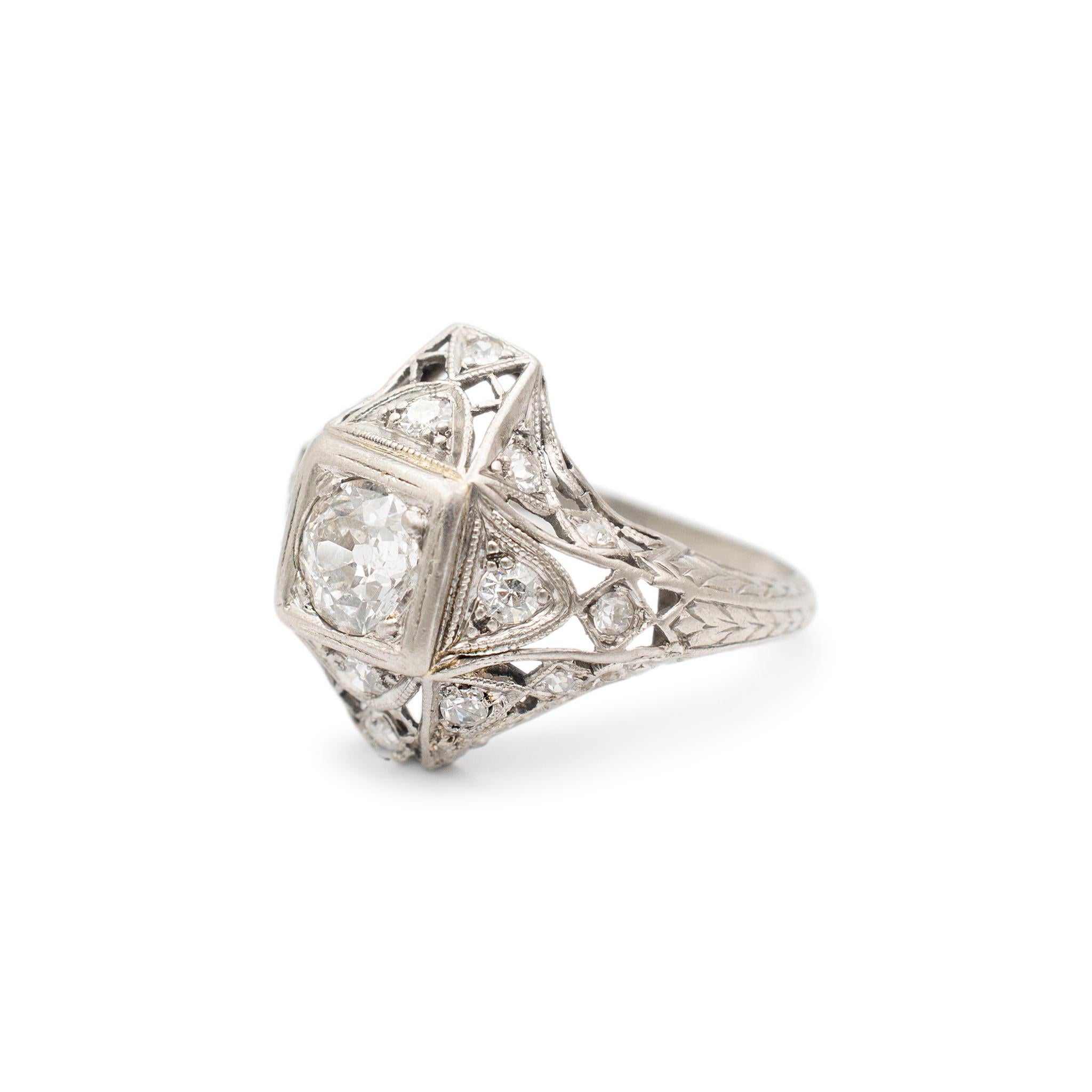 Old European Cut Ladies Antique Art Deco Filigreed Platinum Old European Diamond Engagement Ring For Sale