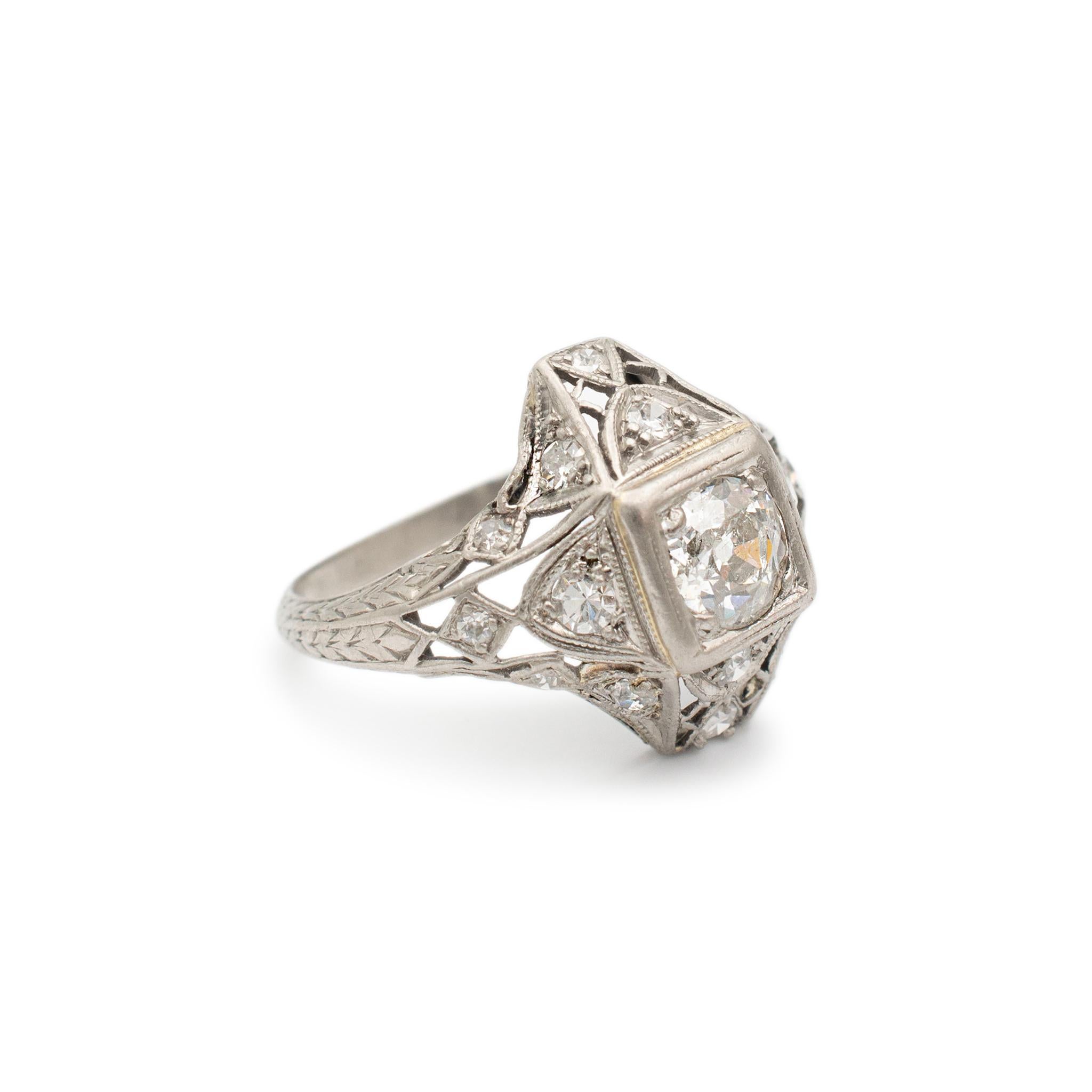 Ladies Antique Art Deco Filigreed Platinum Old European Diamond Engagement Ring In Excellent Condition For Sale In Houston, TX