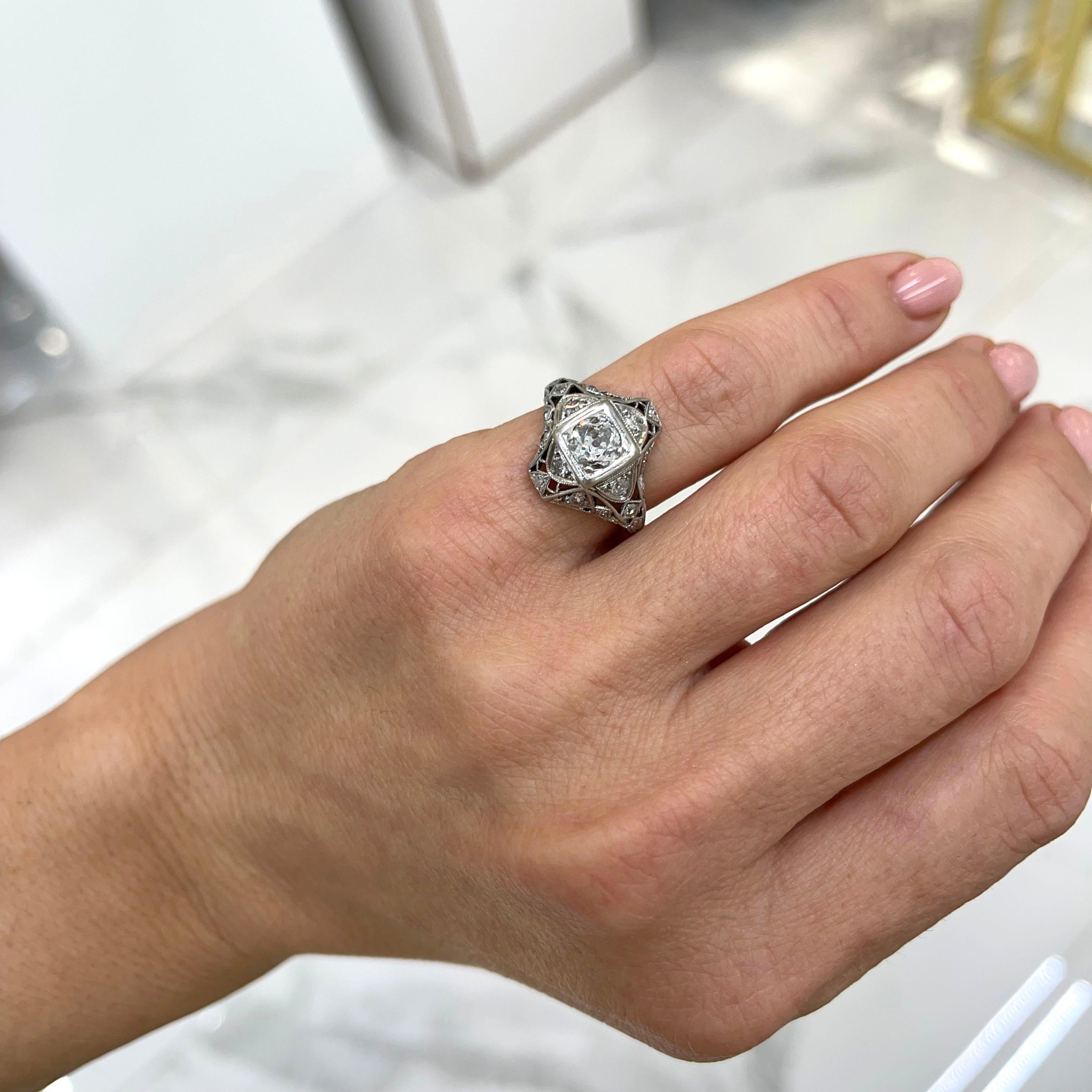 Ladies Antique Art Deco Filigreed Platinum Old European Diamond Engagement Ring For Sale 1