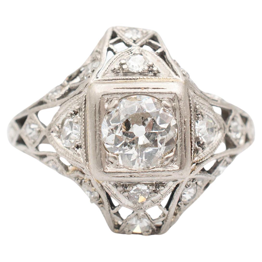 Ladies Antique Art Deco Filigreed Platinum Old European Diamond Engagement Ring