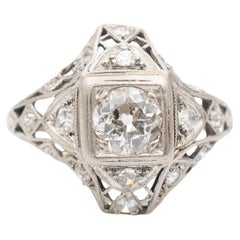 Bague de fiançailles Art déco ancienne en platine filigranée avec diamant européen ancien pour femmes