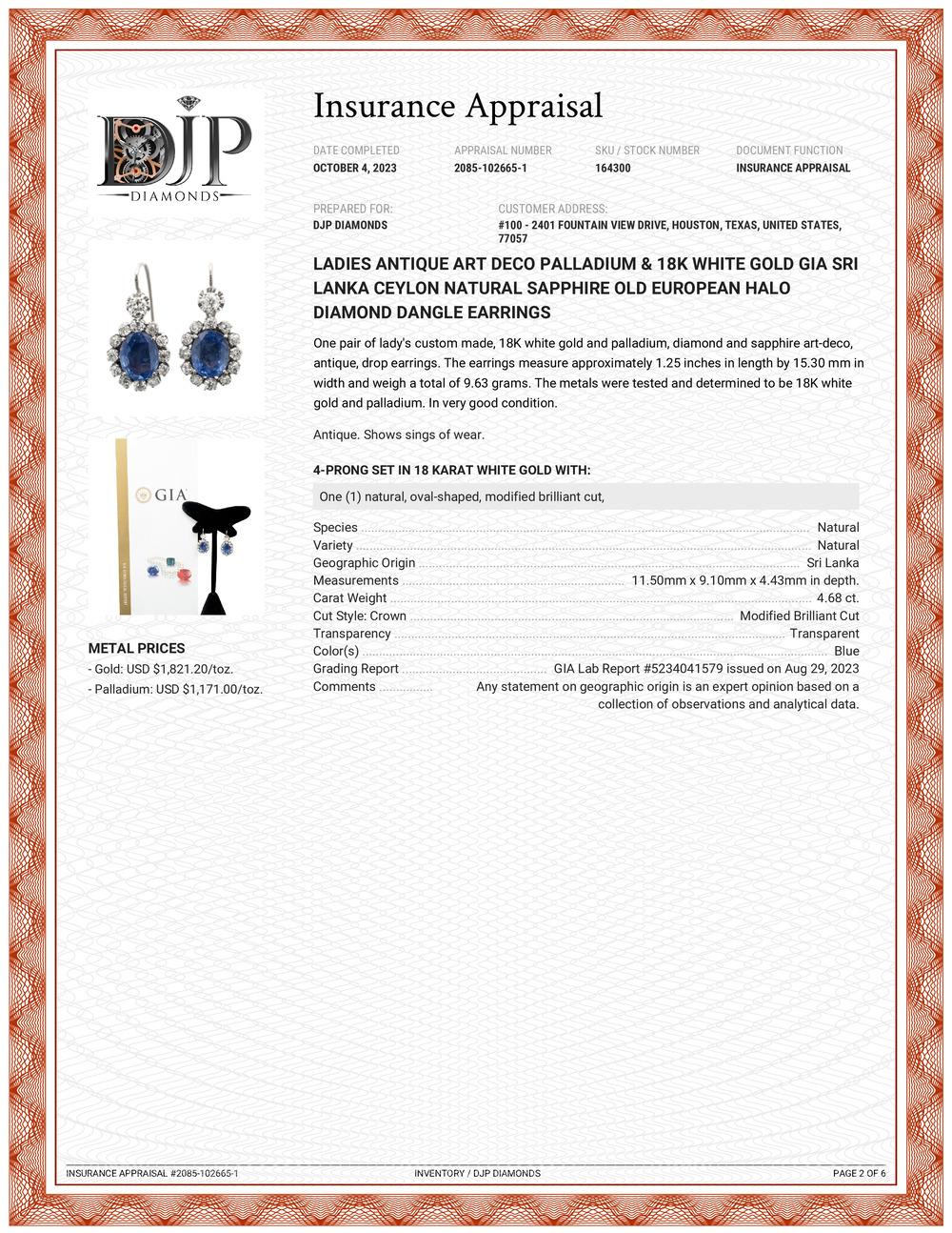 Ladies Antique Art Deco Palladium&18K White Gold Sapphire Diamond Dangle Earring 4