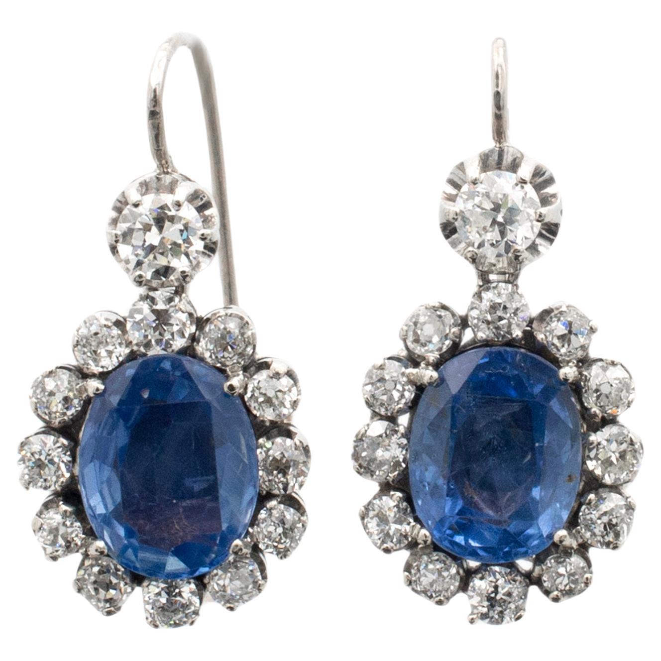 Ladies Antique Art Deco Palladium&18K White Gold Sapphire Diamond Dangle Earring