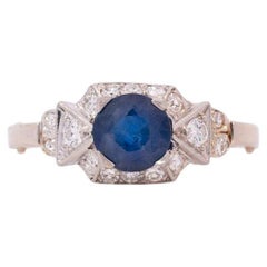 Ladies Antique Art Deco Platinum & 14K White Gold Sapphire Diamond Cocktail Ring