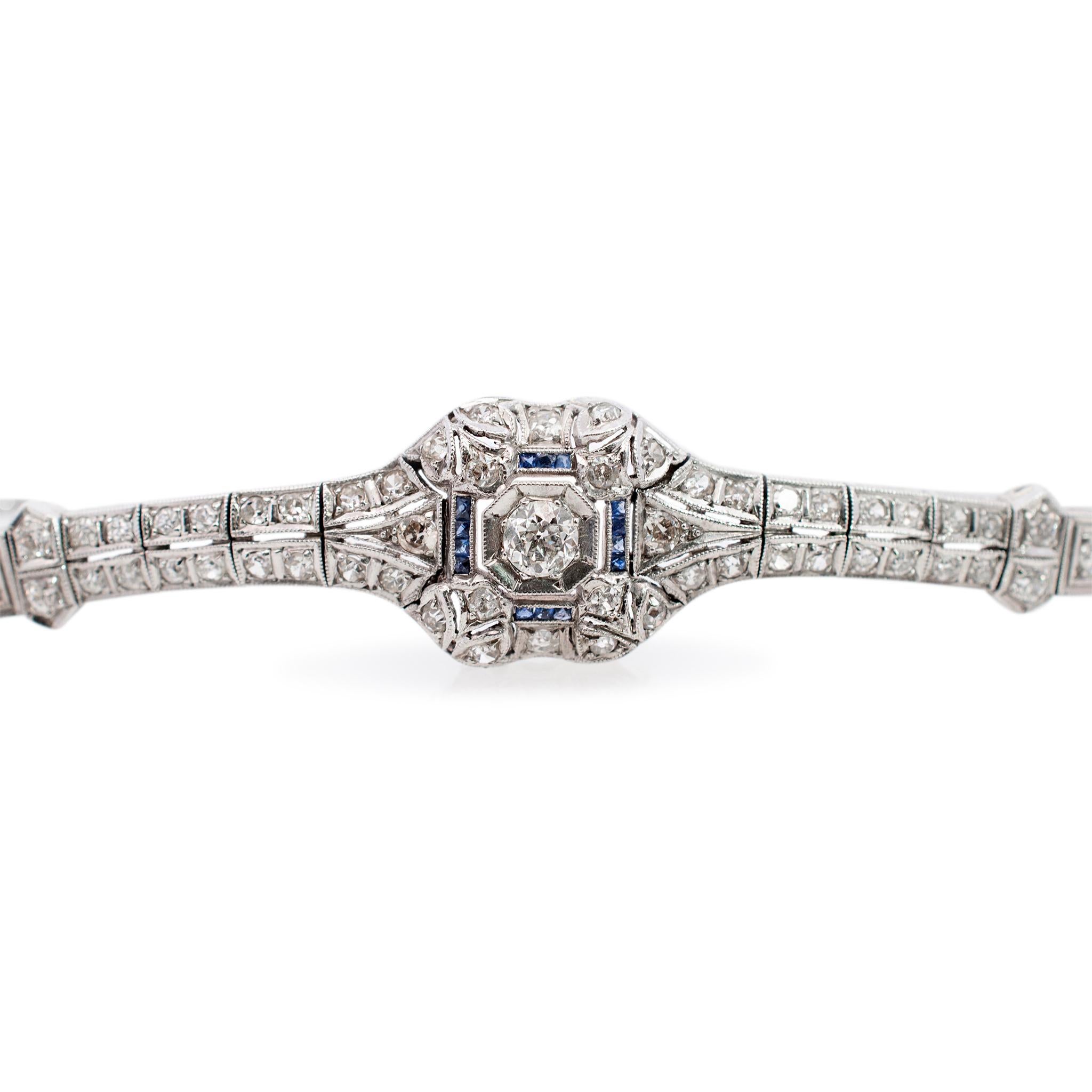Old European Cut Ladies Antique Art Deco Platinum 3.46ct. Diamond Sapphire Cocktail Link Bracelet