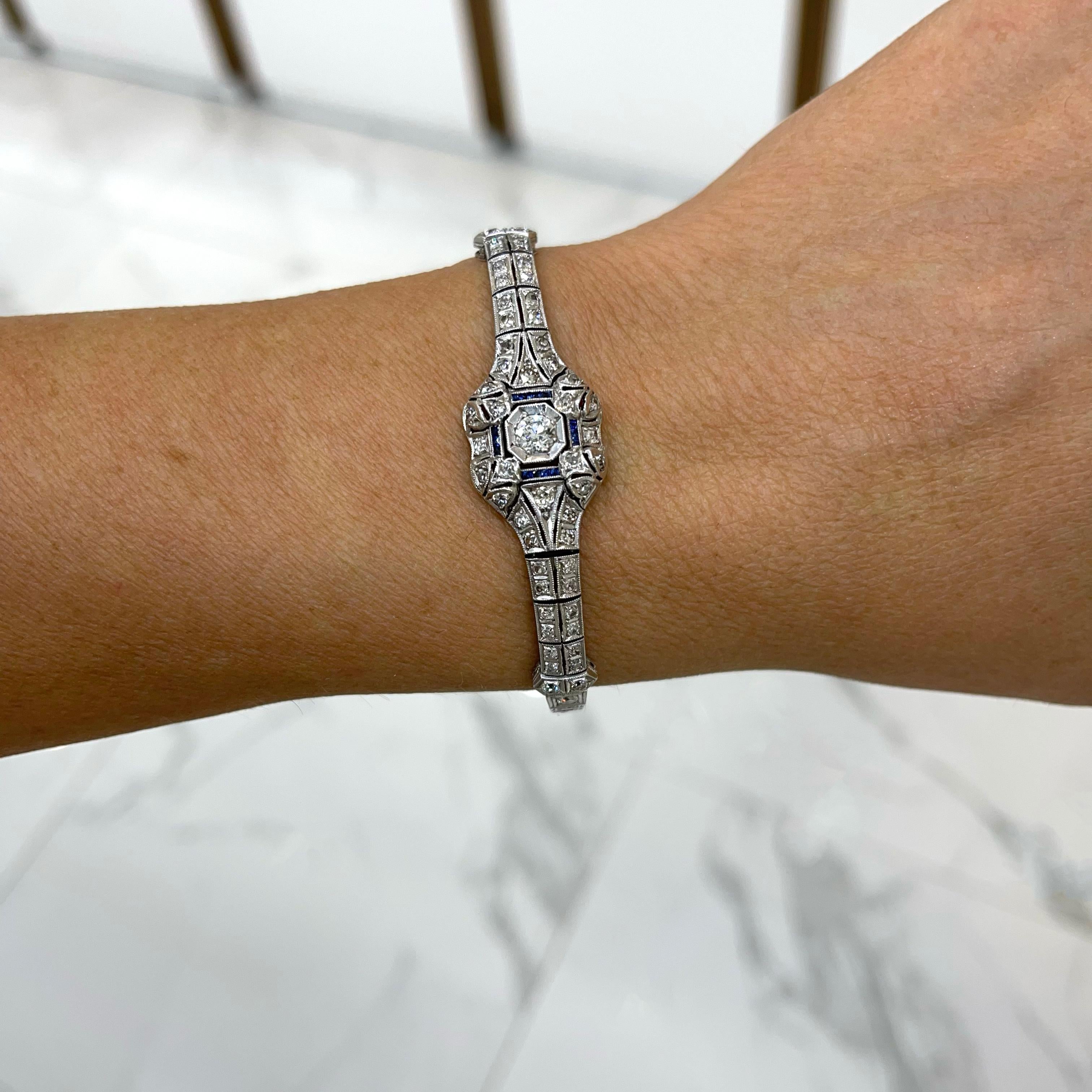 Ladies Antique Art Deco Platinum 3.46ct. Diamond Sapphire Cocktail Link Bracelet 1