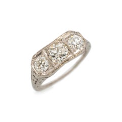 Ladies Antique Art Deco Platinum Filigree Three Stone Diamond Engagement Ring