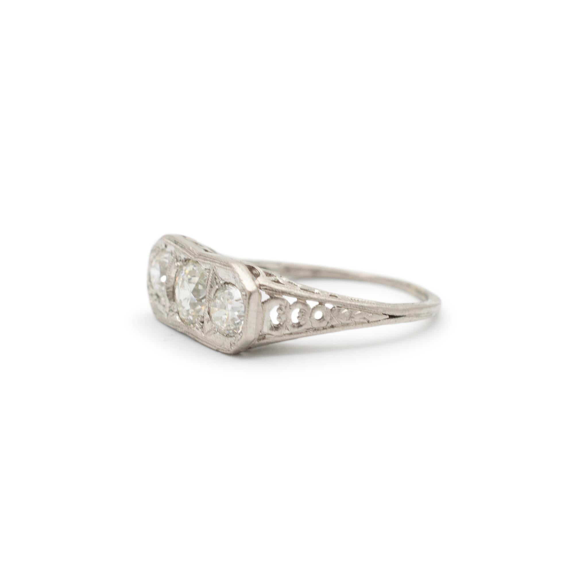 Old European Cut Ladies Antique Art Deco Platinum Filigree Three Stone Diamond Engagement Ring For Sale