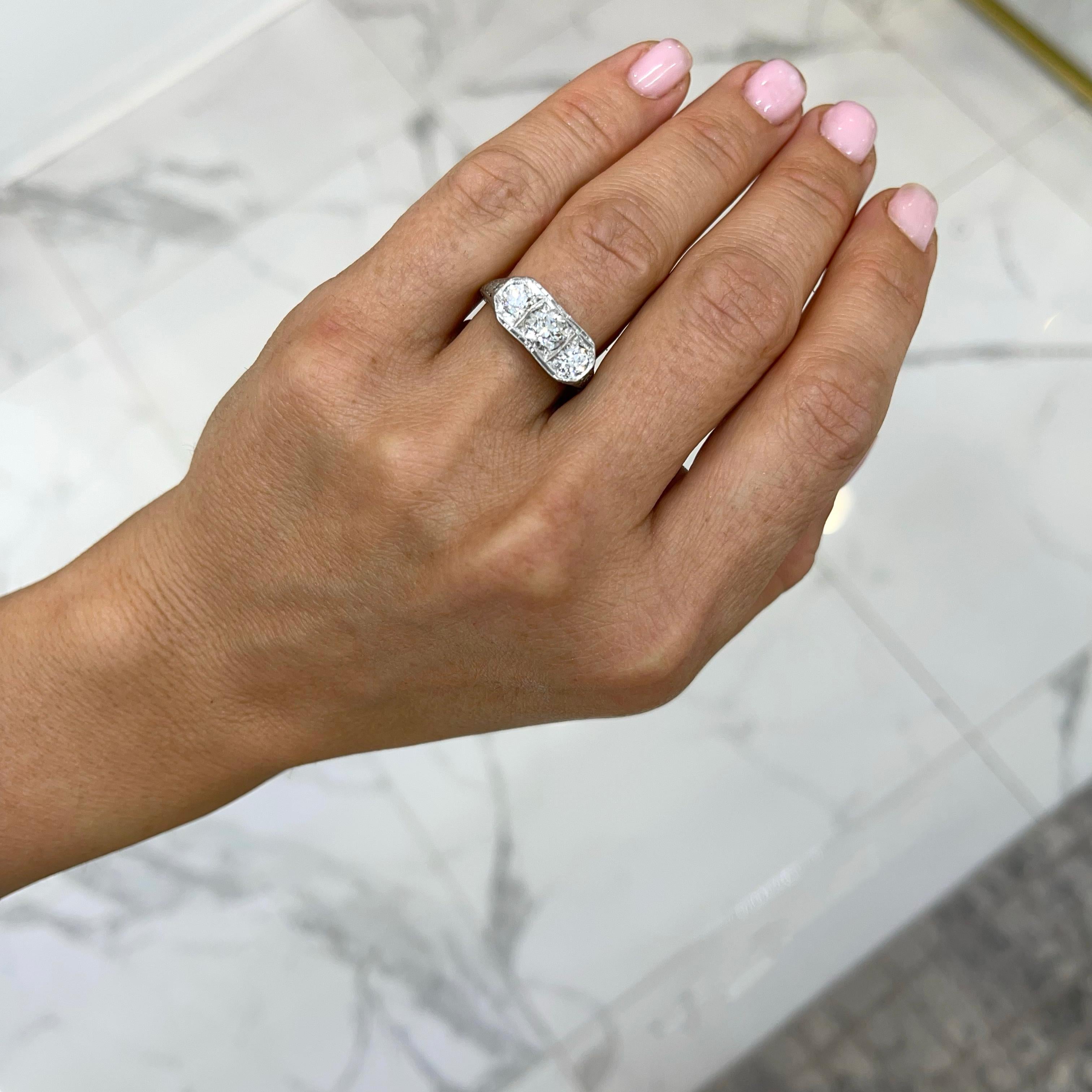 Ladies Antique Art Deco Platinum Filigree Three Stone Diamond Engagement Ring For Sale 1