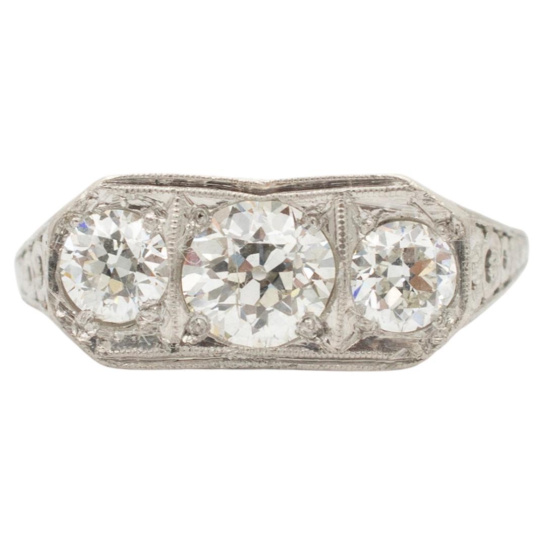 Ladies Antique Art Deco Platinum Filigree Three Stone Diamond Engagement Ring